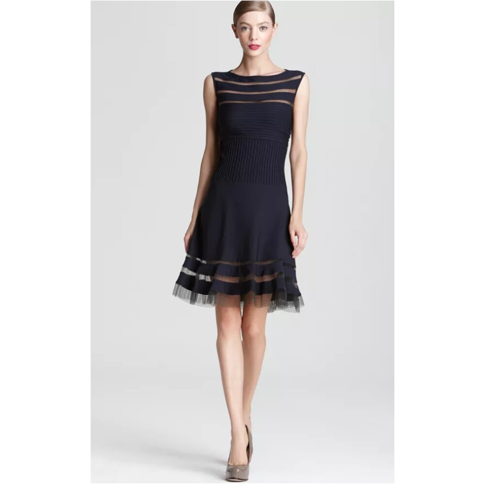 Tadashi Shoji Flip Hem Black Illusion Sleeveless Jersey Cocktail Dress Sz S